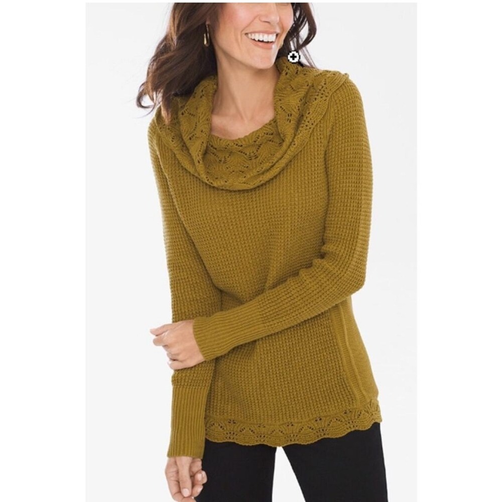 Chicos Textured Lacework Cowl Neck Sweater in‎ Martini Olive Size 0 (Small)